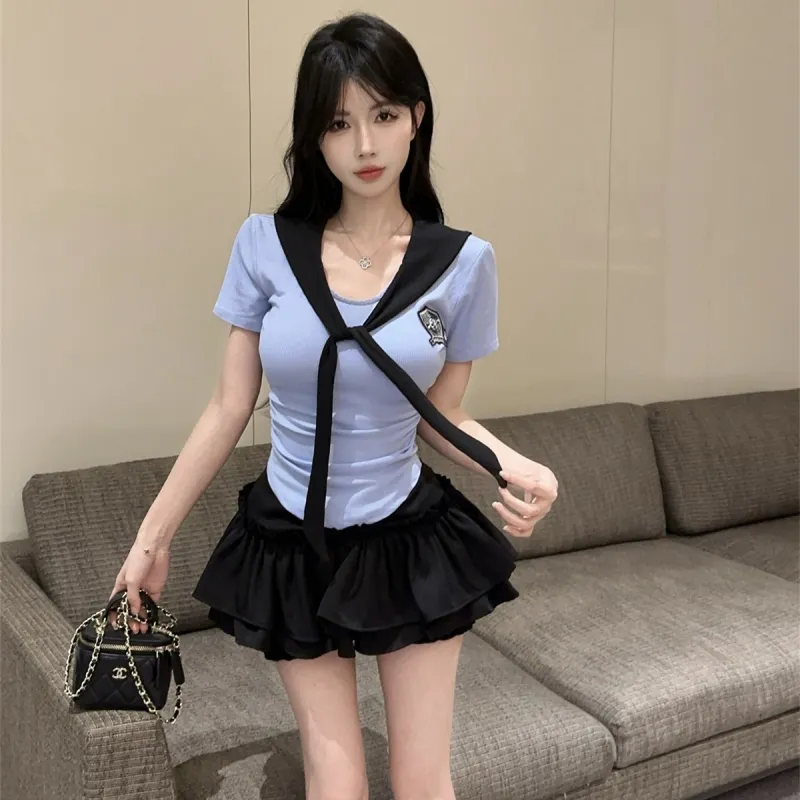 XIANSINIAO Two Piece Skirt Sets Women's Clothing Sets Short Sleeved+Short Skirt-1