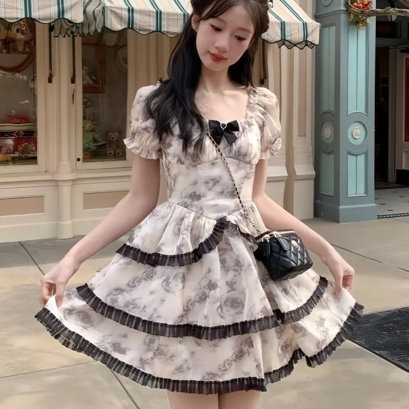 XIANSINIAO Short Sleeved Dress Women's Marble Rose-4