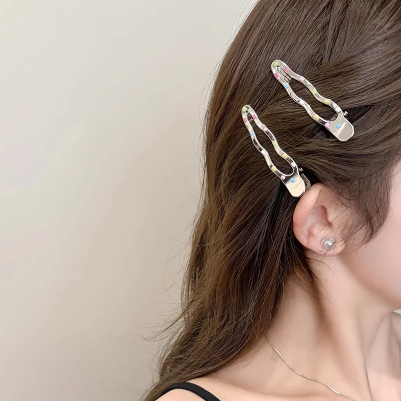 JINGLINGLONG Silver Multicolor Dots Metal Side Clip For Forehead Claw Clip For Stray Hair Slide Side Bangs Clip-4