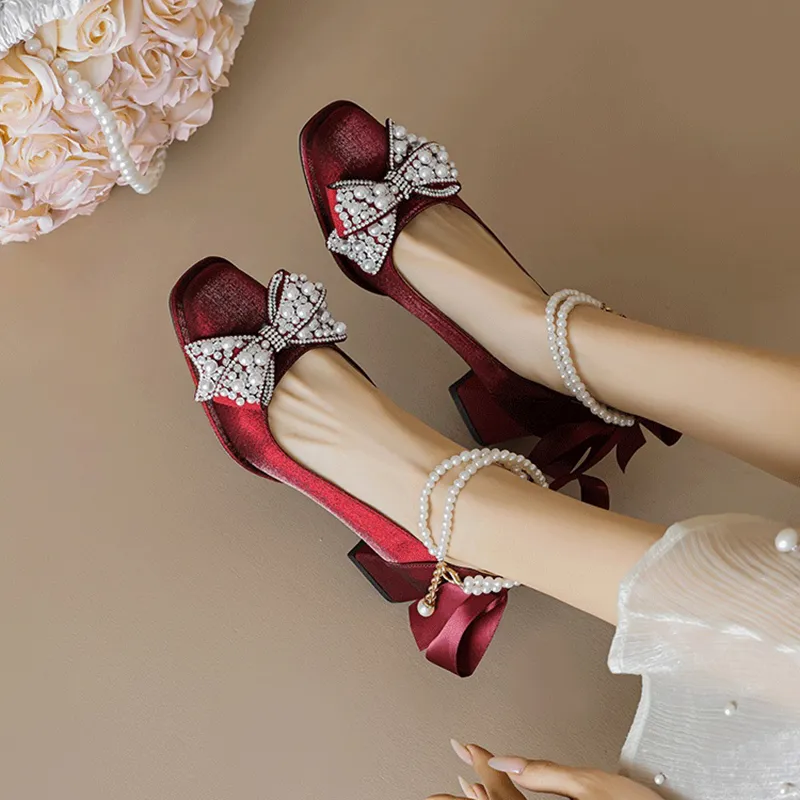 CVOJOO Chunky Heel High Heels Women's Burgundy-4