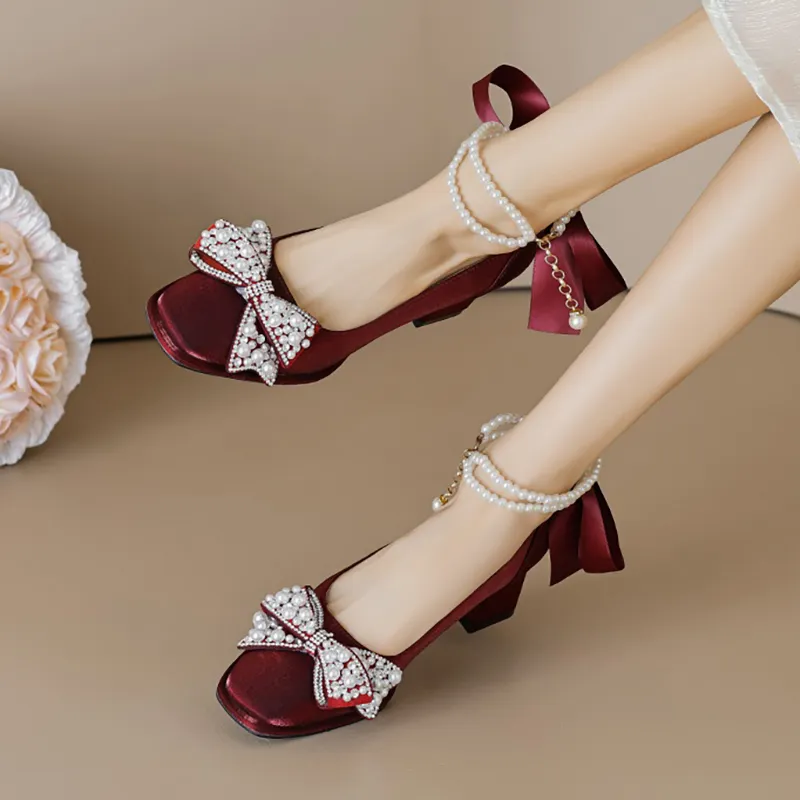 CVOJOO Chunky Heel High Heels Women's Burgundy-3