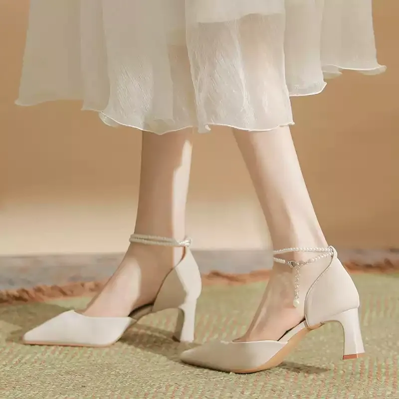 CVOJOO Chunky Heel High Heels 7CM Women's Ecru-3
