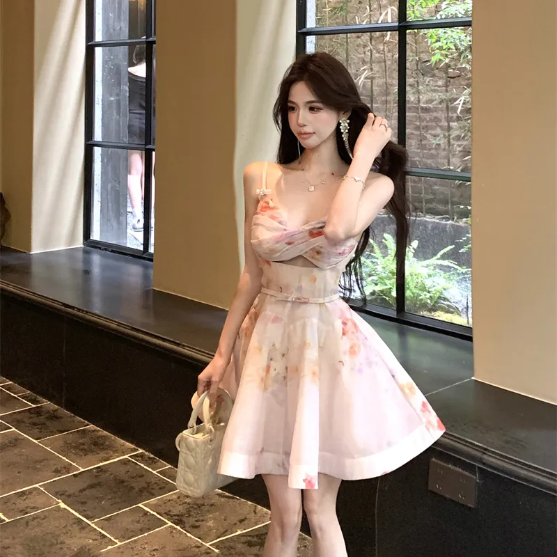 SYEEE WITH U Slip Dress Women's Pink With Belt-3