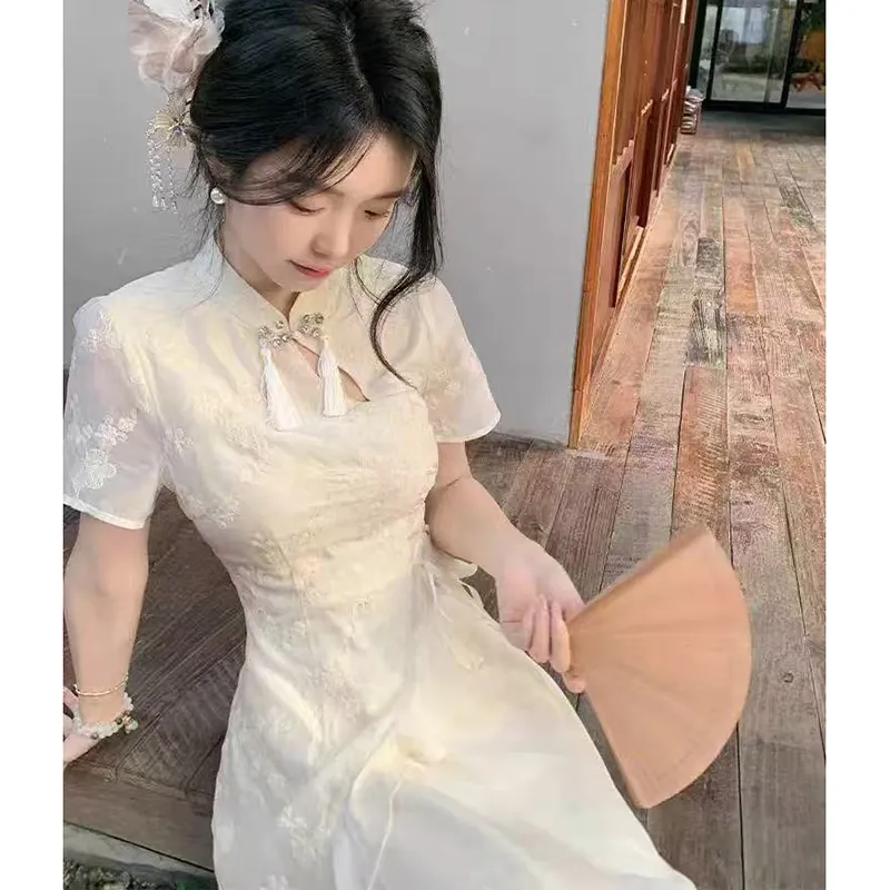 SYEEE WITH U Short Sleeved Dress Women's Apricot-4