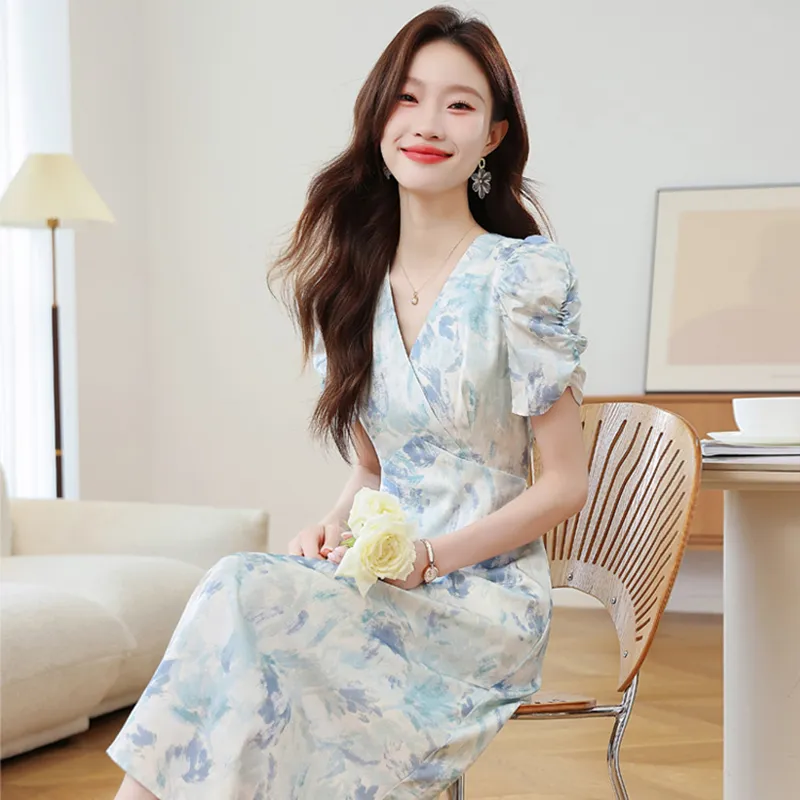 SYEEE WITH U Short Sleeved Dress Women's Plain Colorful Blue Painting-7
