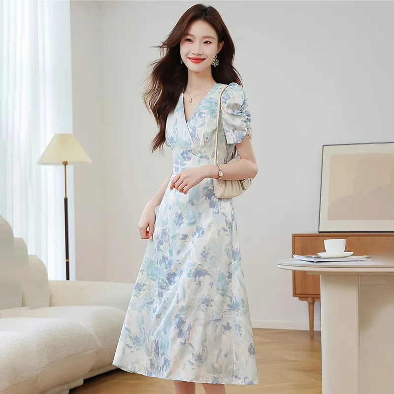 SYEEE WITH U Short Sleeved Dress Women's Plain Colorful Blue Painting-2