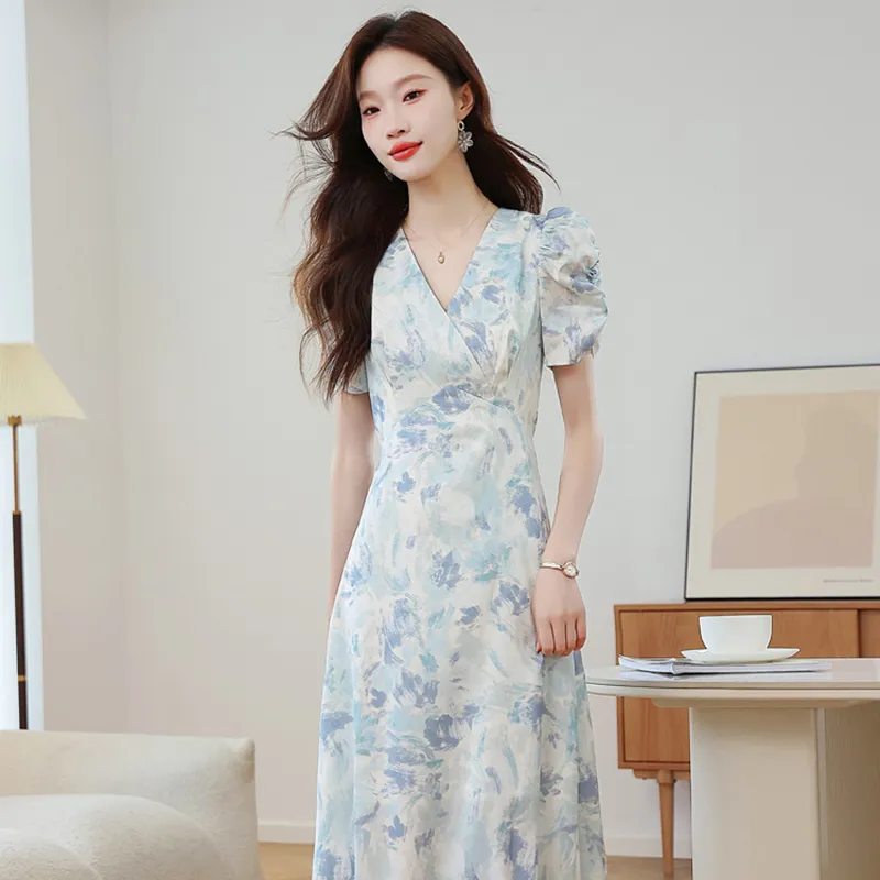 SYEEE WITH U Short Sleeved Dress Women's Plain Colorful Blue Painting-6