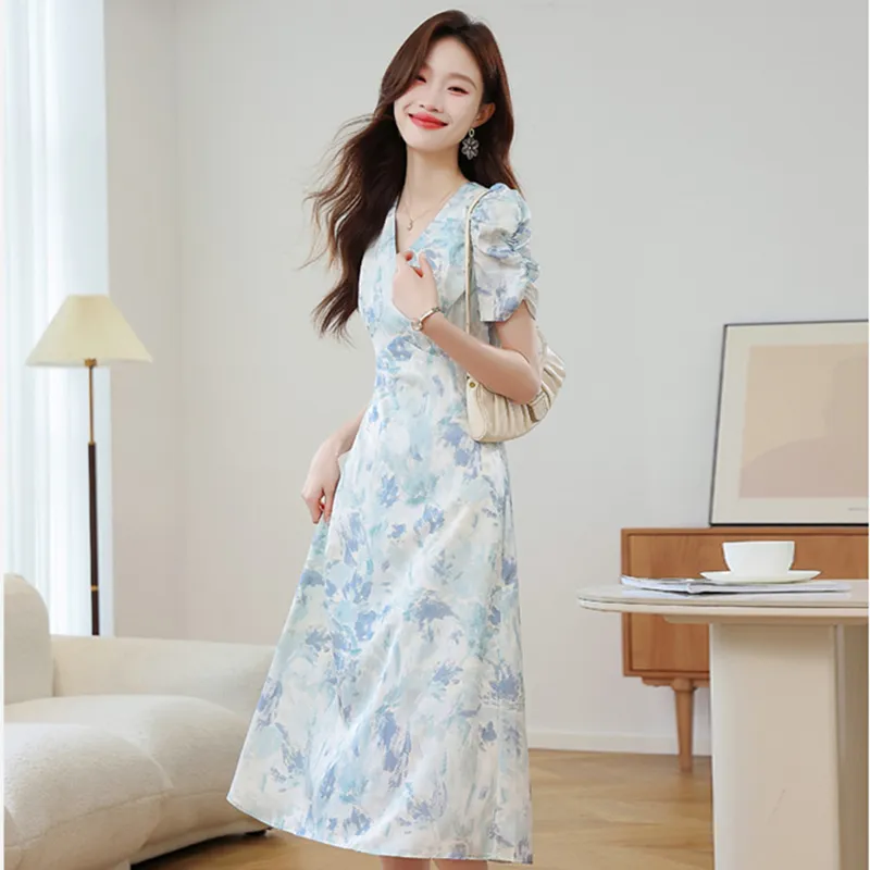 SYEEE WITH U Short Sleeved Dress Women's Plain Colorful Blue Painting-4