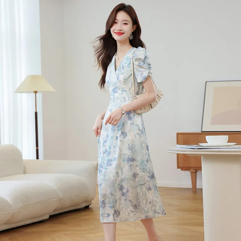 SYEEE WITH U Short Sleeved Dress Women's Plain Colorful Blue Painting-5