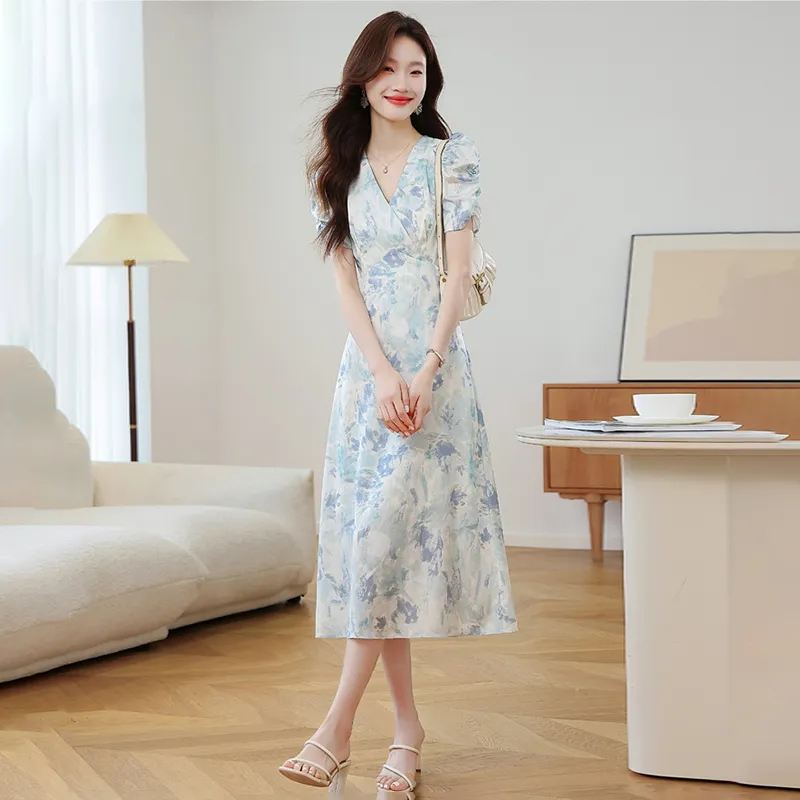 SYEEE WITH U Short Sleeved Dress Women's Plain Colorful Blue Painting-3