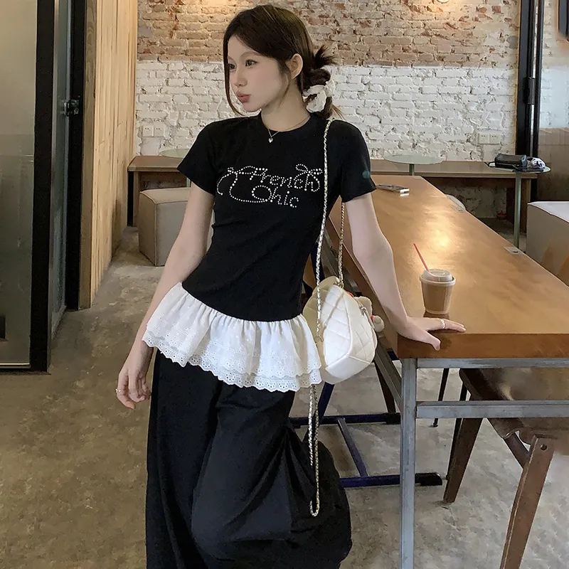 SYEEE WITH U Set in Sleeve T Shirt Women's Black Paved Diamond-4