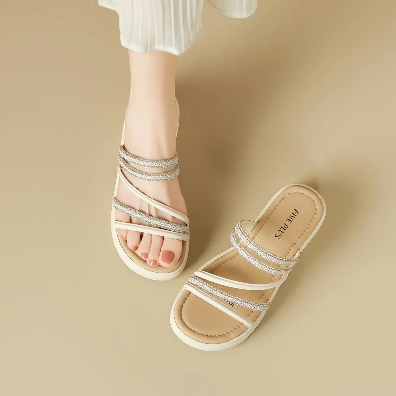 FIVE PLUS Slip Resistant Odor Resistant Abrasion Resistant Slide Slippers Women's Beige-5