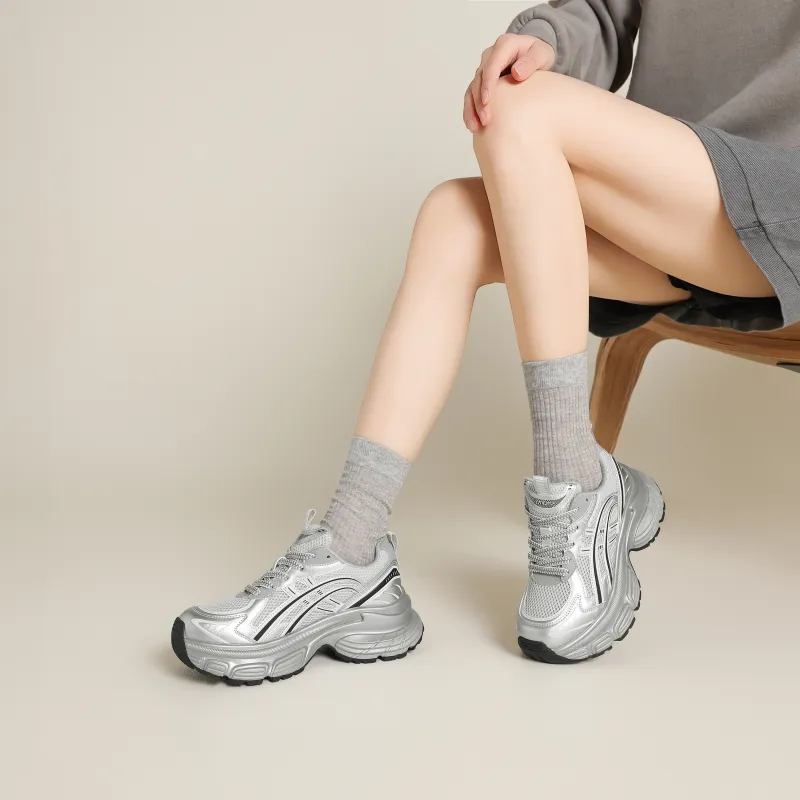 FIVE PLUS Cushioning, Slip Resistant, And Abrasion Resistant Low Top Chunky Sneakers Women's Silver-2