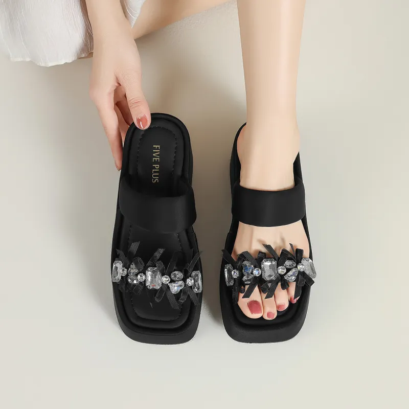 FIVE PLUS PU Polyurethane Slip Resistant Slide Slippers Women's Black-2