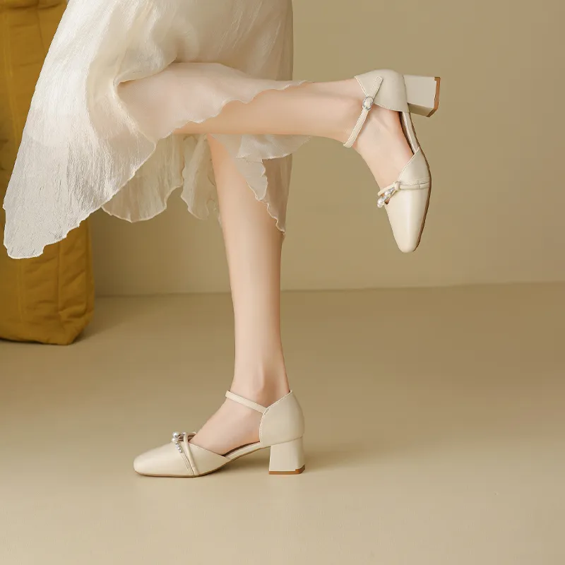 FIVE PLUS Chunky Heel High Heels 5cm Women's Beige-5