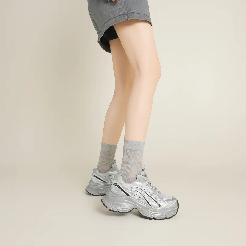FIVE PLUS Cushioning, Slip Resistant, And Abrasion Resistant Low Top Chunky Sneakers Women's Silver-3