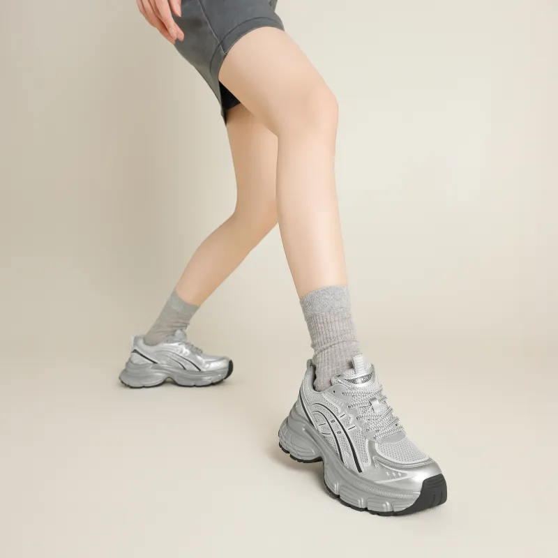 FIVE PLUS Cushioning, Slip Resistant, And Abrasion Resistant Low Top Chunky Sneakers Women's Silver-4