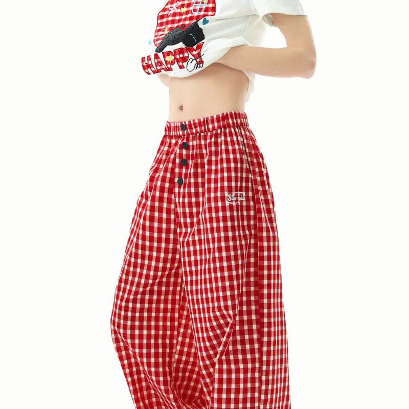 WOHOO Casual Pants Unisex Red Plaid-2