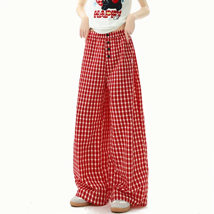 WOHOO Casual Pants Unisex Red Plaid-1