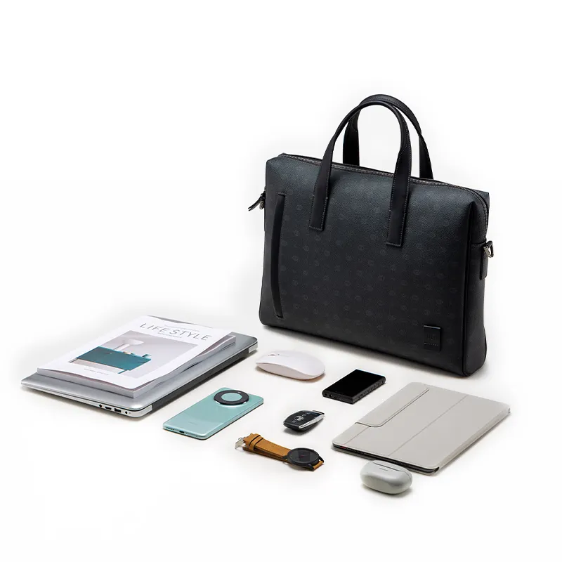 HLA Cow Leather Briefcases Large Size Men's Black-4