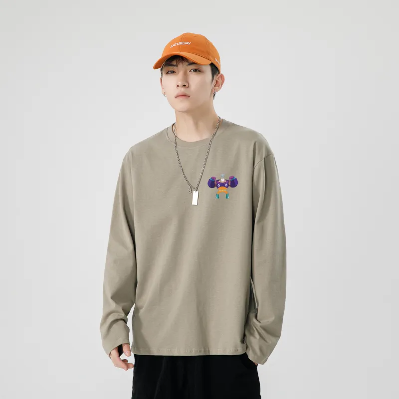 ONE PIECE Casual Students Long Sleeved T Shirt Men's Solid Color Basic-10