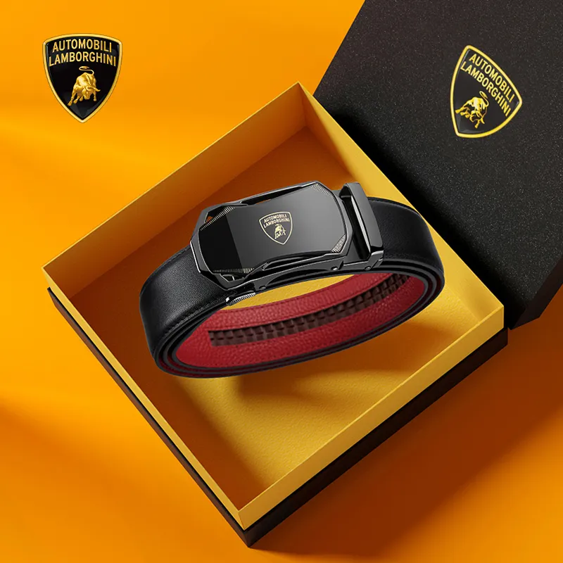 Automobili Lamborghini Cow Leather Belts Men's Width 3.5cm Gift Box Set-2