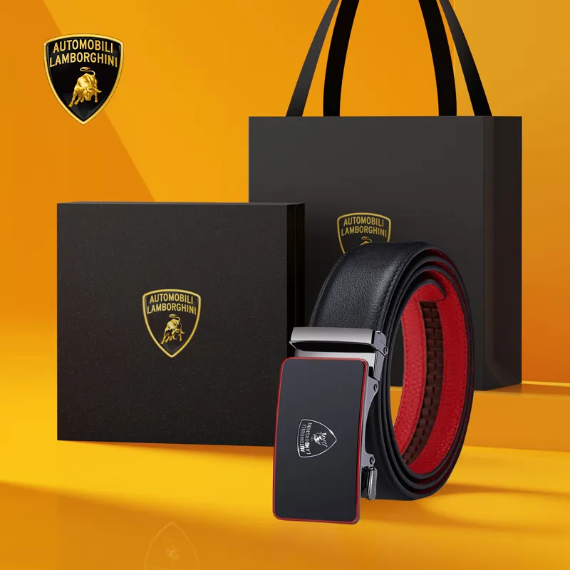 Automobili Lamborghini Cow Leather Belts Men's Gunmetal Width 3.5cm-1