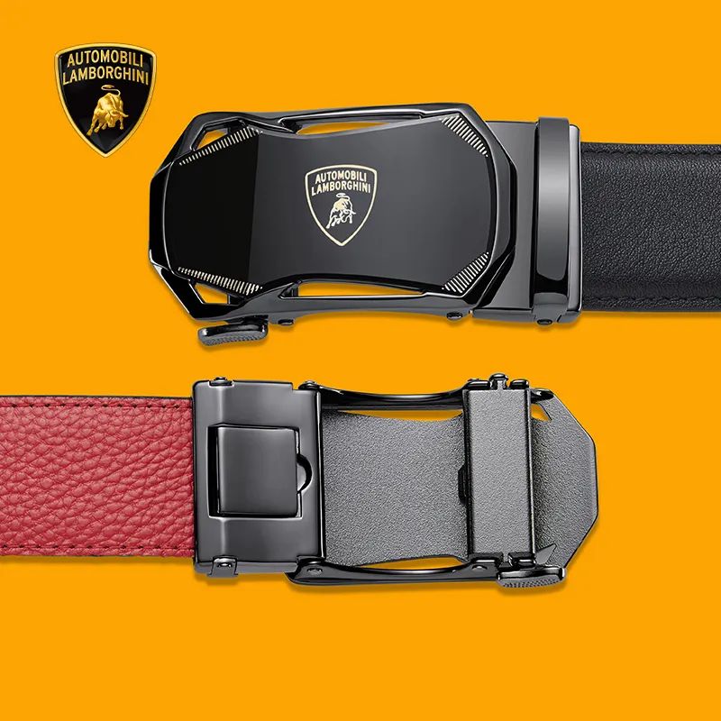 Automobili Lamborghini Cow Leather Belts Men's Width 3.5cm Gift Box Set-4