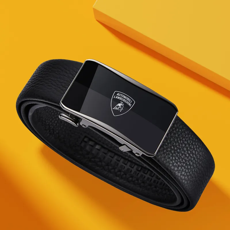 Automobili Lamborghini Cow Leather Automatic Buckle Belt, Pants Belt Men's Gunmetal Width 3.5cm Gift Box Set-9