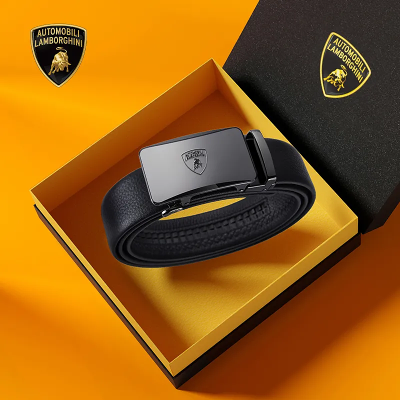 Automobili Lamborghini Cow Leather Automatic Buckle Belt, Premium Elegance Belt Men's Gunmetal Width 3.5cm Gift Box Set-2