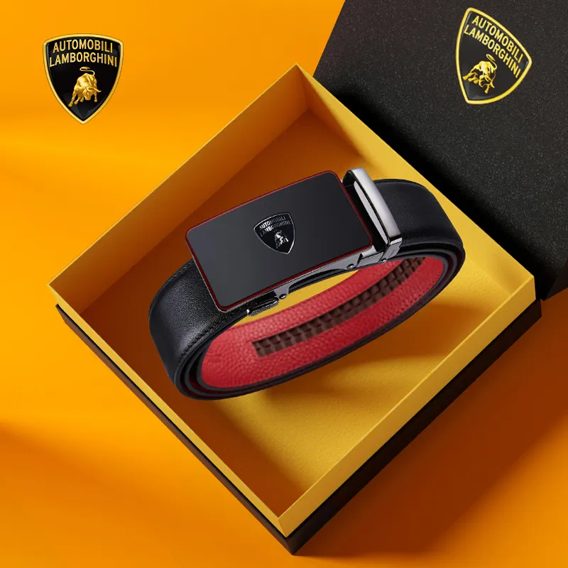 Automobili Lamborghini Cow Leather Belts Men's Gunmetal Width 3.5cm-2