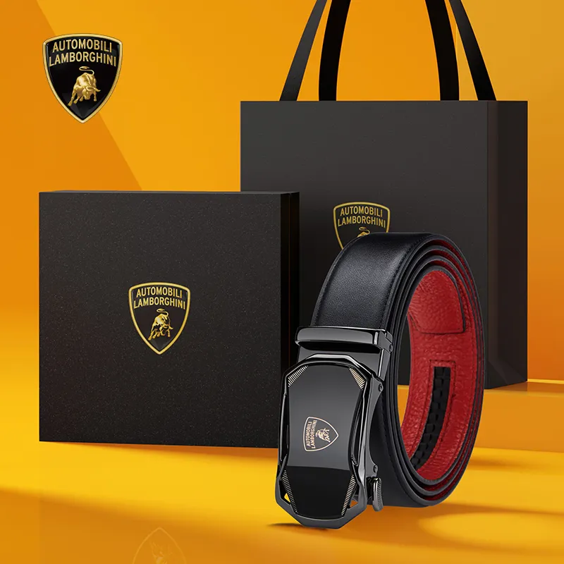 Automobili Lamborghini Cow Leather Belts Men's Width 3.5cm Gift Box Set-1