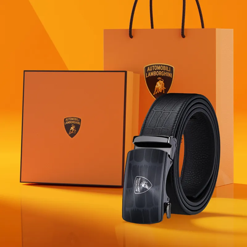 Automobili Lamborghini Cow Leather Belts Men's 3.5cm Gift Box Set-1