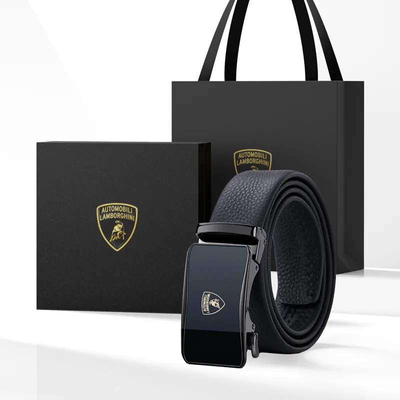 Automobili Lamborghini Cow Leather Automatic Buckle Belt, Pants Belt Men's Gunmetal Width 3.5cm Gift Box Set-2