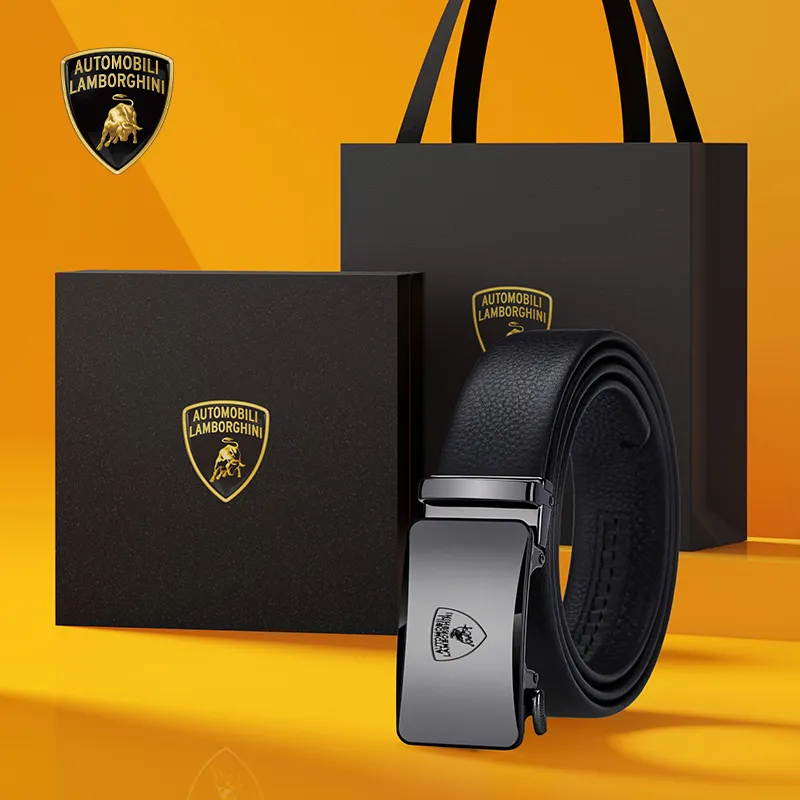 Automobili Lamborghini Cow Leather Automatic Buckle Belt, Premium Elegance Belt Men's Gunmetal Width 3.5cm Gift Box Set-1