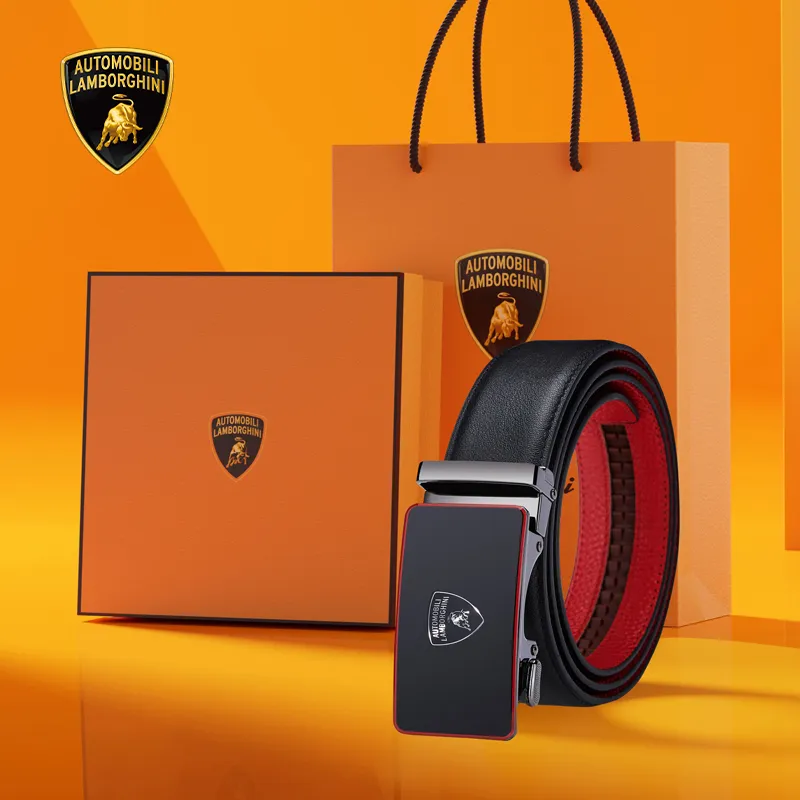 Automobili Lamborghini Cow Leather Belts Men's Gunmetal Width 3.5cm-4