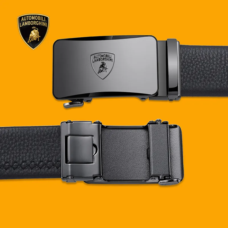 Automobili Lamborghini Cow Leather Automatic Buckle Belt, Premium Elegance Belt Men's Gunmetal Width 3.5cm Gift Box Set-5