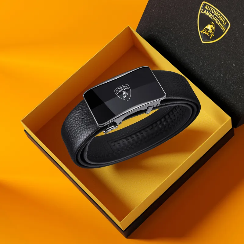 Automobili Lamborghini Cow Leather Automatic Buckle Belt, Pants Belt Men's Gunmetal Width 3.5cm Gift Box Set-8