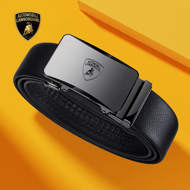 Automobili Lamborghini Cow Leather Automatic Buckle Belt, Premium Elegance Belt Men's Gunmetal Width 3.5cm Gift Box Set-3