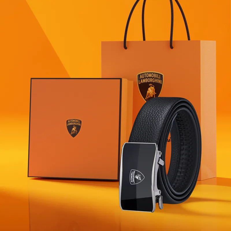 Automobili Lamborghini Cow Leather Automatic Buckle Belt, Pants Belt Men's Gunmetal Width 3.5cm Gift Box Set-7