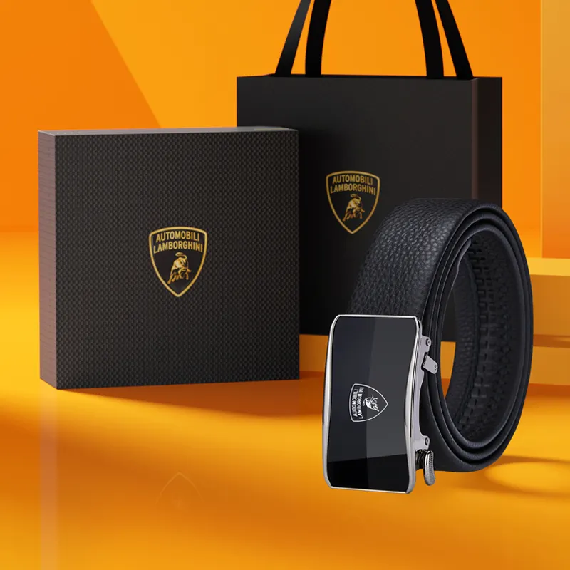 Automobili Lamborghini Cow Leather Automatic Buckle Belt, Pants Belt Men's Gunmetal Width 3.5cm Gift Box Set-10