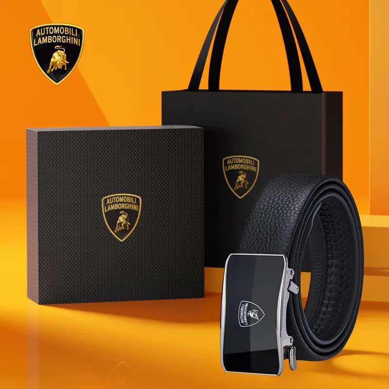 Automobili Lamborghini Cow Leather Belts Men's Gunmetal 3.5cm-1