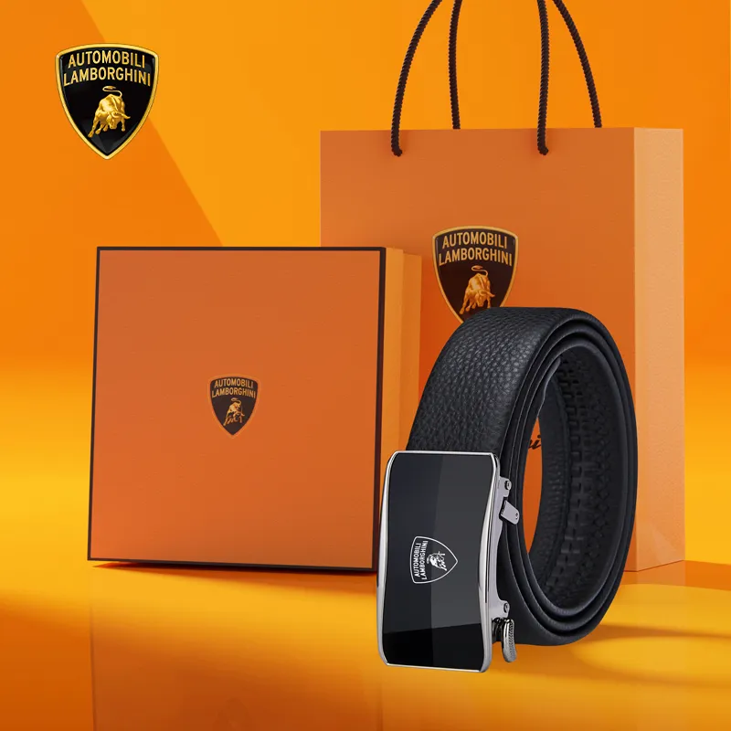 Automobili Lamborghini Cow Leather Belts Men's Gunmetal 3.5cm-4