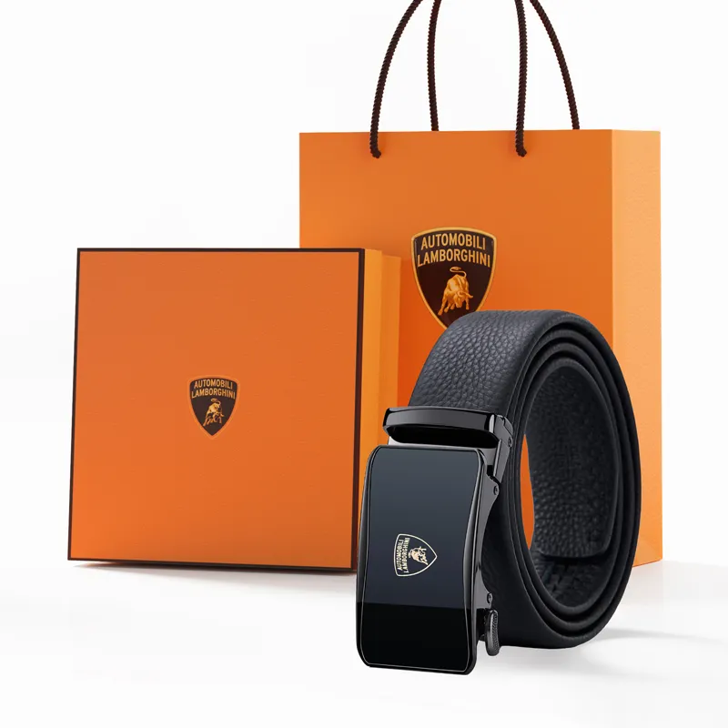 Automobili Lamborghini Cow Leather Automatic Buckle Belt, Pants Belt Men's Gunmetal Width 3.5cm Gift Box Set-3