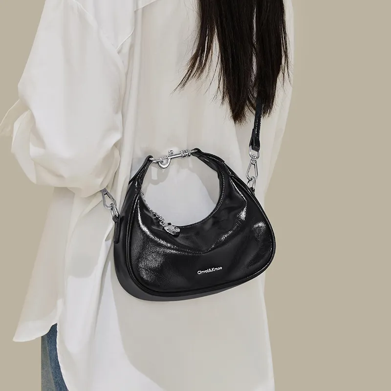 CinvaiKrose Cow Leather Half Crescent Bag, Shoulder Bag, Crossbody Bag, Handbag Small Size Women's Ecru/Silver/Black-12