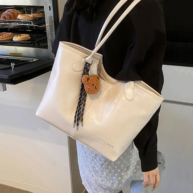 CinvaiKrose Super Fine Synthetic Leather Tote Bag, Handbag, Shopping Bag, Shoulder Bag Tubas Women's Ecru/Black-1