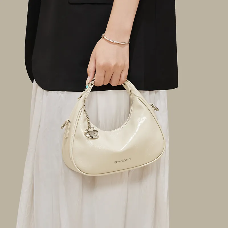 CinvaiKrose Cow Leather Half Crescent Bag, Shoulder Bag, Crossbody Bag, Handbag Small Size Women's Ecru/Silver/Black-1