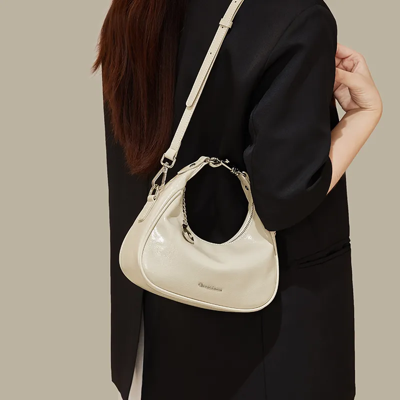 CinvaiKrose Cow Leather Half Crescent Bag, Shoulder Bag, Crossbody Bag, Handbag Small Size Women's Ecru/Silver/Black-2