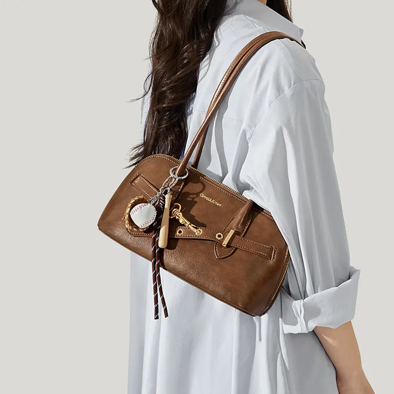 CinvaiKrose Cow Leather With Synthetic Leather Bowling Bag Pillow Bag Shoulder Bag Large Size Women's Brown/Coffee-1