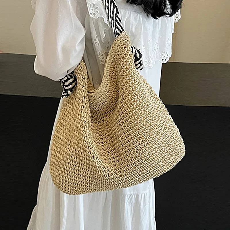 CinvaiKrose Paper Weaving Straw Woven Shoulder Bag, Tote, Portable Tote, Shopping Bag Large Size Women's Multicolor-5